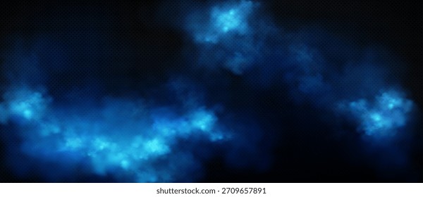 Vektorrealistischer Hintergrund mit blau-blauen Rauchwolken auf dunklem, transparentem Hintergrund. Detaillierte Wolken mit dem Effekt von Nebel, Rauch und sanftem Glühen. 