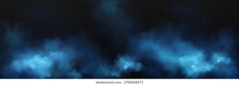 Vektorrealistischer Hintergrund mit blau-blauen Rauchwolken auf dunklem, transparentem Hintergrund. Detaillierte Wolken mit dem Effekt von Nebel, Rauch und sanftem Glühen. 