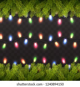 Vector realistic background Christmas tree with lights.