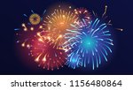 Vector realistic background with colorful fireworks on dark background.
