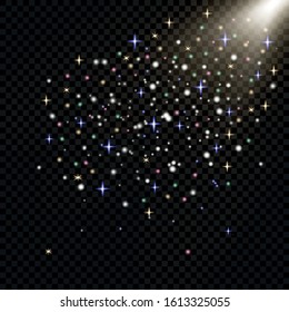 Vector realistic background with colorful fireworks on a dark background.