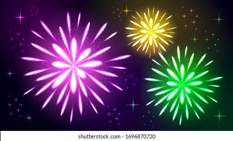 Vector Realistic Background With Colorful Fireworks On Dark Background.