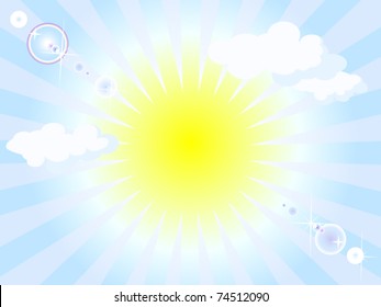 Vector realistic background. Day, the sky, the sun is shining, white clouds. Imitation camera glare.