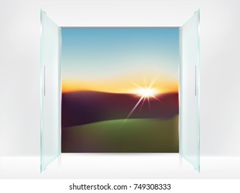 Vector realistic background with double glass open doors with metal handles and sunrise, sunset behind them. Template for advertising poster