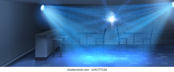 Vector realistic background with empty dance floor in nightclub. Modern disco dance-hall in blue shining lights, stage in bar for dancing and parties with mirror ball on ceiling, interior inside