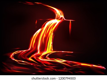 Vector realistic background with lava river, flow of liquid fire in dark. Eruption of volcano, spewing of flames. Dangerous disaster of nature, hot orange magma. Glowing lavafall, hellish ejection.