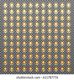 Vector realistic background on light bulbs wall black panel glowing. Smooth transition from bright to dim light effect