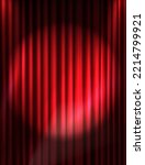 Vector realistic background. Red curtain stage with spotlight. Music theatre performance.