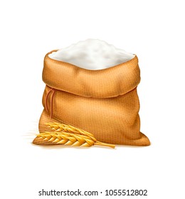 Vector realistic bag of flour with wheat ears isolated on white background. Heap of flour. Design element. Bread and harvest theme. Food and feed. 3d illustration.