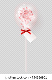 Vector Realistic Balloon with Confetti. Transparent Pink Air Balloon Isolated on Grey Background.