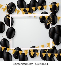 Vector realistic balloons black colors. Party invitation template, concept, confetti and gold.