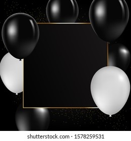 Vektorrealistische Ballons in Schwarz-Weiß-Farben. Party Einladung Vorlage, Konzept. Goldener schwarzer Rahmen, Vektorhintergrund.