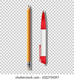 Vector realistic ballpoint pen and pencil isolated on transparent background.