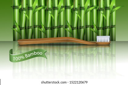 Vector realistic bamboo toothbrush on a bamboo plant background. Zero waste lifestyle concept.