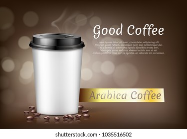 Vector realistic banner with cup of arabica coffee to go and beans, cardboard container for hot drinks to takeaway. Plastic mug with lid on brown background, mockup for brand promotion, package design