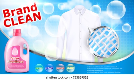 Vector realistic banner with detergent stain remover in pink plastic bottle on blue background with white shirt soap bubbles and close-up of fiber structure. Mockup package design laundry detergent ad