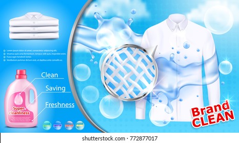 Vector realistic banner with detergent stain remover in pink plastic bottle on blue background with white shirt soap bubbles and close-up of fiber structure. Mockup package design laundry detergent ad