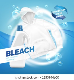 Vector realistic banner of dirty white hoodie with soap bubbles on blue background with bubbles and mockup package design laundry detergent, bleach advertistment