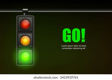 Banner vectorial realista con luz de tráfico colgante con señal verde permisiva brillante aislada de fondo negro