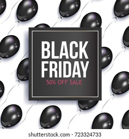 vector realistic banner, poster with black friday lettering inscription in black frame on the background of air balloons. Advertising , discounts and sale promotion design template