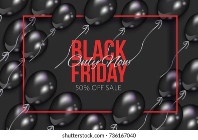 vector realistic banner, poster with red black friday lettering inscription in black frame on the background of air balloons. Advertising , discounts and sale promotion design template