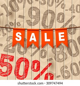 Vector realistic banner with red party flags on light wooden background. Includes different kind of discounts and SALE phrase. Easy to edit. 