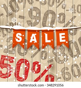 Vector realistic banner with red party flags on light wooden background. Includes different kind of discounts and SALE phrase. 