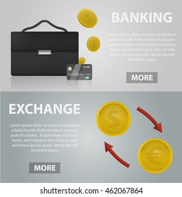 Vector realistic banners of banking and exchange for website. Business concept of economy, marketing and finance. Set of economy elements.
