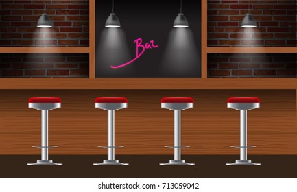 Vector realistic bar, pub interior with brick walls, wooden counter, chairs, shelves and lamps with beam. 3d front view of bar