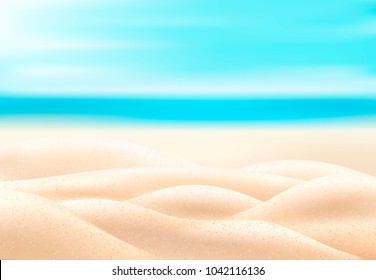 Vector realistic beach coast coastline, seaside, seashore background with sand, blue sea ocean water, summer sky. Holiday vacation, travel resort illustration, backdrop template, shore landscape