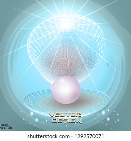 Vector realistic beautiful 3D opened shell with shining pearl inside isolated on blue background textured with grunge. Decoration element for banner design. To see similar, please VISIT MY PORTFOLIO.