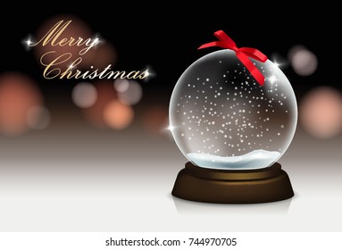 Vector realistic beautiful christmas greeting with snowglobe and blurred lights in the background