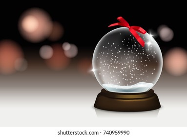 Vector realistic beautiful christmas still life with snowglobe and blurred lights in the background for your greeting card or design