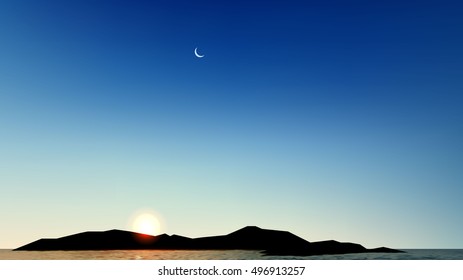 Vector Realistic Beautiful sunset above the sea with moon