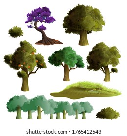 Vector realistic beautiful trees and bushes set. Summer trees collection. Green grass, huge foliage and apple tree. Isolated on white background