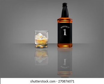 vector of realistic beautiful whiskey bottle with beautiful glass of whiskey and ice on dark background