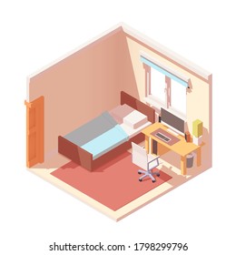 Vector realistic bedroom interior. Isometric view. Room with bed, table and table PC.