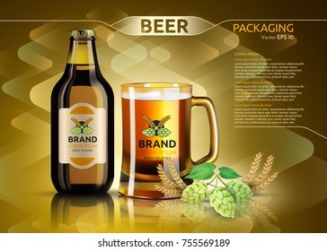 Vector Realistic beer bottle and glass. Brand packaging template. Logo designs. Gold background