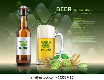 Vector Realistic beer bottle and glass. Brand packaging template. Logo designs. Green background