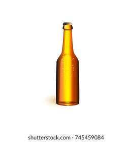 vector realistic beer glass bottle with water drops golden brown mockup closeup without lebel. Ready for your design product packaging. Isolated illustration on a white background.