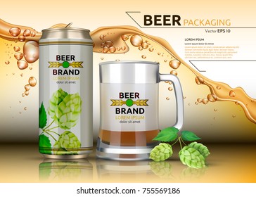 Vector Realistic beer metallic bottle and mug. Brand packaging template. Logo design. Splash beer background