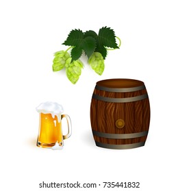 vector realistic beer wooden oak keg barrel with iron rings, glass mug of lager golden drink with thick foam hop cone with leaves set. Ready product mockup. Isolated illustration on a white background