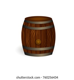 vector realistic beer wooden oak keg barrel with iron rings mockup closeup. Ready for your design product packaging. Isolated illustration on a white background.