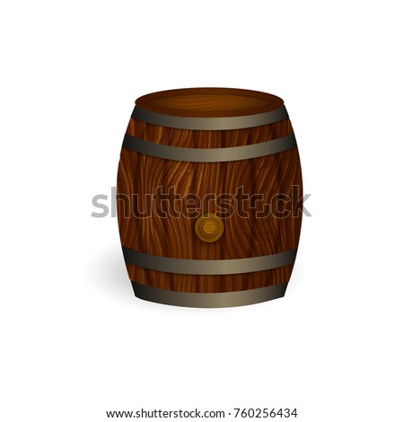 vector realistic beer wooden oak keg barrel with iron rings mockup closeup. Ready for your design product packaging. Isolated illustration on a white background.
