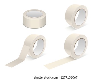 Vector Realistic Beige 3d Matte Tape Roll Icon Set Or Mock-up Closeup Isolated On White Background. Design Template Of Packaging Sticky Tape Roll Or Adhesive Tape For Mockup. Front View