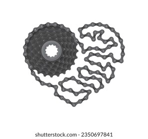 Vector realistic bicycle cassette with a chain forming a heart shape. Isolated on blue background.