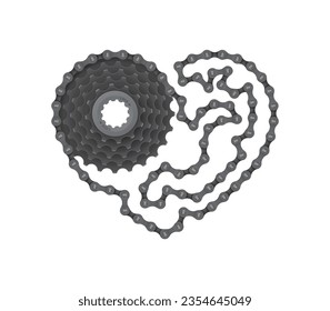 Vector realistic bicycle cassette with a chain forming a heart shape. Isolated on blue background.