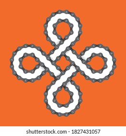 Vector realistic bicycle chain forming a Tibetan geometric symbol. Isolated on orange background.