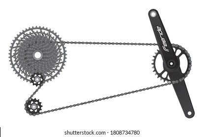 Vector realistic bicycle drivetrain cranks with chain. Isolated on white background.