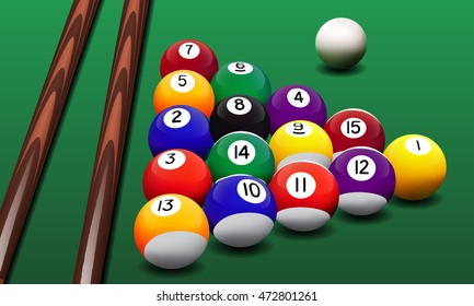 Vector realistic billiard illustration. Billiard balls and cues on the green table.
